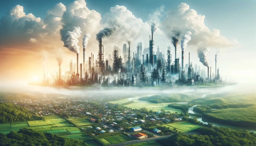 An image showing a city skyline with visible emissions from industries juxtaposed with a clear sky and green landscapes, depicting the contrast between industrial pollution and a clean environment.