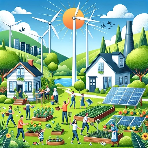 Happy community in a green environment with community gardening and solar energy.